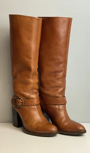 Robert Clergerie France Size 7 Tall Tan Leather Buckle High Heel Long Boots Knee - Picture 1 of 17
