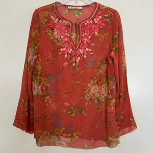 Cabi Silk Embellished Top Small Sheer Long Sleeve Floral Print Sequined Neckline - Picture 1 of 11