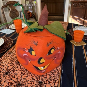 Huge Annalee Halloween Pumpkin Felt Candy Holder w/lid 14" tall dated 1993 - Picture 1 of 8