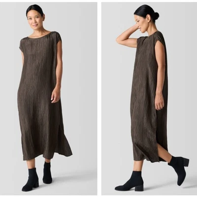 Vestido EILEEN FISHER Texturizado Seda Jacquard Cuello Barco Wren Marrón Talla L $378 {Y3} Foto 1 de 4