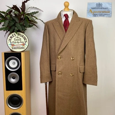 AQUASCUTUM (40R) Double Breasted Wool Cashmere Herringbone Tweed Overcoat Jacket - Image 1 of 4
