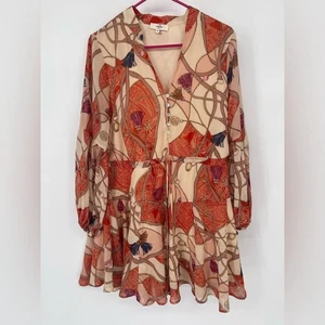 Entro Orange & Cream Floral A-Line Dress | V-Neck and Bell Sleeves - Picture 1 of 5
