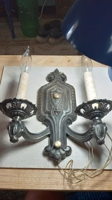 ANTIQUE DOUBLE ARM ELECTRIC CANDLE SCONCE BRASS/CAST STEEL GOTHIC DESIGN L@@K!! - Image 1 of 4