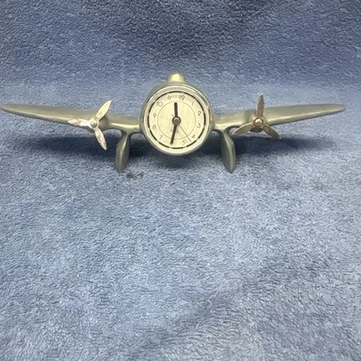AWESOME ART DECO ALUMINUM AIRPLANE CLOCK PROPELLERS SPIN MAN CAVE 13” X 3” - Image 1 of 4