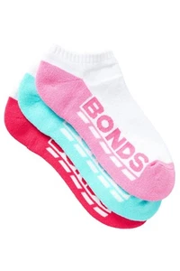 3 Pairs Bonds Kids Socks Girls Low Cut Sports White Pink Aqua Red - Picture 1 of 2