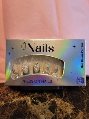Medium Length Blue Glitter French Tip Embellished Glue On Nail 24 Pcs - Изображение 1 из 4