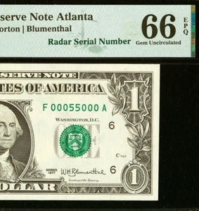 1977 $1 Atlanta FRN PMG 66EPQ rare birthday super radar serial number 00055000 - Picture 1 of 4