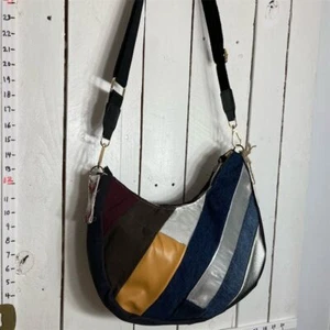 Lidia’s Bags Vintage Quilted Denim/Vinyl Crescent Hobo Bag Multicolor (464-41b) - Picture 1 of 3