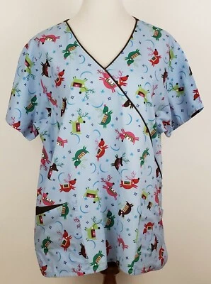 Dickies Christmas Scrub Top Size XL Blue Comical Reindeer Womens Blue   - Image 1 of 4