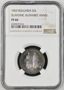 1963 Bulgaria 2 Leva, "1100th Anniversary of Slavic Alphabet" - NGC PF 66 TONED! - Picture 1 of 4