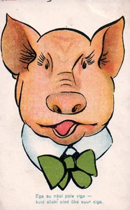 Cartoon Schwein mit grüner Fliege Vintage Schwein Postkarte - Bild 1 von 2