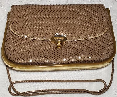 米色灰褐色网眼钱包赛璐珞和金色转锁蛇链带 MCM 复古 — 第 1/4 张图片