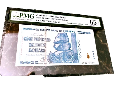 ZIMBABWE 100 TRILLION DOLLARS PMG 65 P91 UNC EPQ/PPQ/ ERROR 100 SERIES AA 2008 * - Image 1 of 4