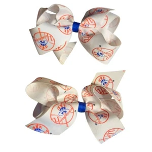 Vintage Pr of New York Yankees Hair Bow Metal Clip 5" MLB 1990s Fabric Ribbon - Picture 1 of 6