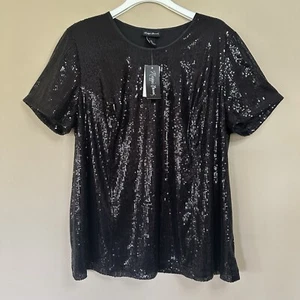 NWT Full Sequin Black Top Women 16W Casual Fit Short Sleeve Dressy Lined Classy - Picture 1 of 9
