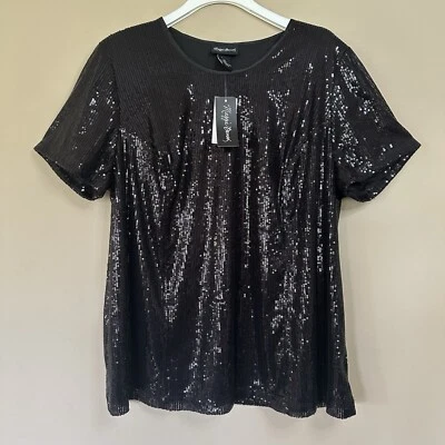 NWT Full Sequin Black Top Women 16W Casual Fit Short Sleeve Dressy Lined Classy - Image 1 of 4