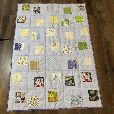 Handmade Patchwork Baby Quilt Play Mat Nursery Decor Blue Colorful 56X40 - Image 1 of 4