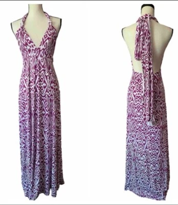 Nuevo sin etiquetas Maxi Vestido Tarta Suave Modal Spandex Espalda Abierta Corbata Cuello en V Púrpura Blanco XS/S Foto 1 de 4