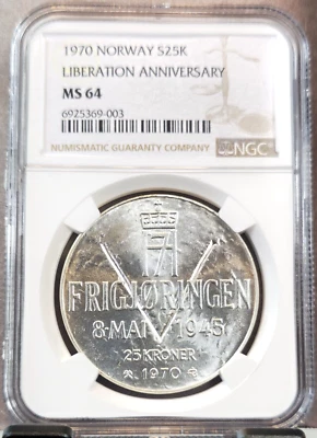 1970 NORWAY SILVER 25 KRONER LIBERATION ANNIVERSARY NGC MS 64 BEAUTIFUL BU - Image 1 of 3
