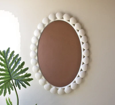 White Sea Shell Metal Framed Wall Mirror Oval Beach Coastal Cottage 26 x 37 - Image 1 of 3