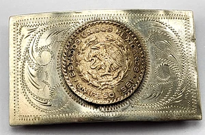 Vintage Mexikanischer Peso Gürtelschnalle Estados Unidos Mexicanos Adler Silberfarben - Bild 1 von 6