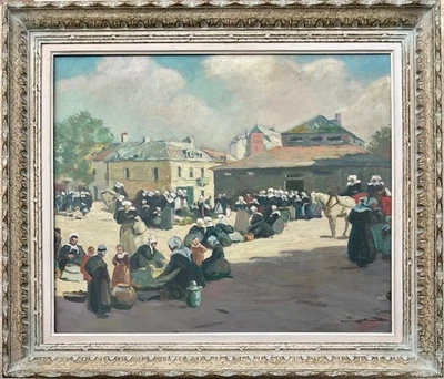 MAURICE MENARDEAU TABLEAU PEINTURE SCÈNE DE MARCHÉ EN BRETAGNE BIGOUDENES 65X54 - Photo 1/4