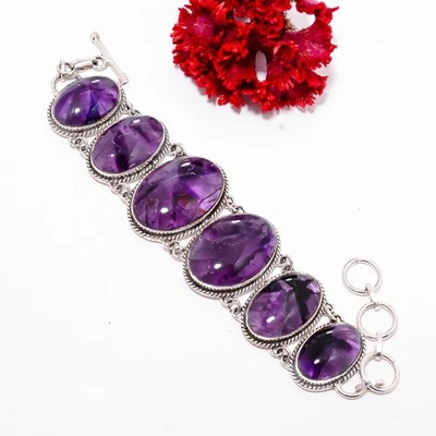 Brazalete Trapiche Amatista - Brasil Plata de Ley 925 Hecho a Mano 7.99" B11773 Foto 1 de 4