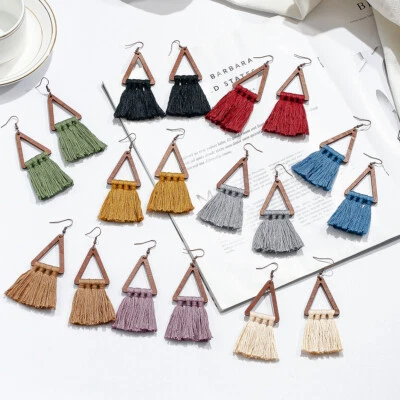 Vintage Triangle Multicolor Tassel Earrings Ethnic Boho Drop Earring for Women - Image 1 of 4