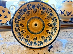 Vintage handbemalte Volkskunst Keramik Form Gelee Bundt Pfanne Hängedeko blau - Bild 1 von 4