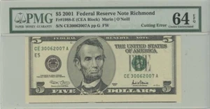 2001 $5 FRN PMG 64 EPQ Cutting Error Choice Uncirculated Richmond - Picture 1 of 2