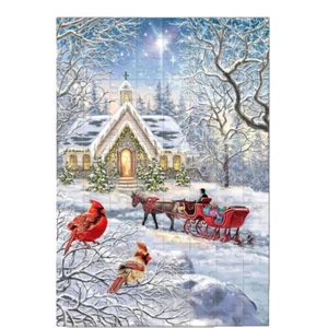Snowy Cardinal Winter Carriage Scene 120 Piece Custom Handmade Jigsaw Puzzle - Picture 1 of 2