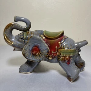 Vintage Gray Lucky Elephant Glossy Ceramic Figurine Trunk Up Pose 7.5”L 5.5”H - Picture 1 of 5