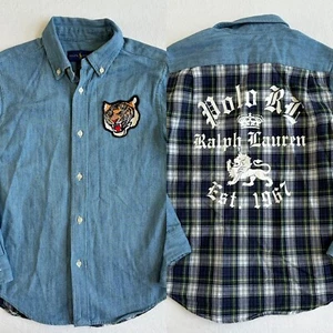 Ralph Lauren Shirt Youth Boys 7 Polo Tiger Patch Denim Jean Long Sleeve Button - Picture 1 of 5