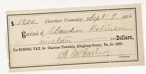 1886 Chartiers Township PA School Tax Receipt Claudius Robinson Allegheny Co - Picture 1 of 2