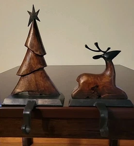 Vintage Set Of 2 Wood & Metal Christmas Tree & Reindeer Stocking Holders - Picture 1 of 12