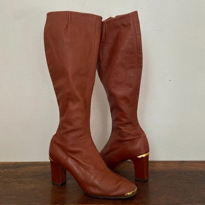 Vintage 1960s 1970s Brown Leather Gogo Boots Knee High Gold Accents Women's 6 - Image 1 of 4