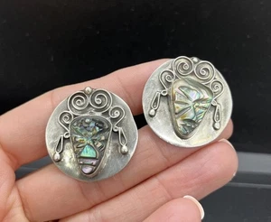 Vintage Cuff Links Sterling Silver 925 Carved Abalone Mask Mexico Cufflinks - Picture 1 of 9