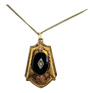 Art Deco 12K Gold Filled Black Onyx Diamond Floral Sweetheart Medaillon mit Kette - Bild 1 von 12