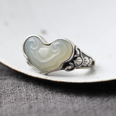 I05 Anello a Forma di Cuore Bianchi Giada Argento Sterling 925 Misura Regolabile - Immagine 1 di 4