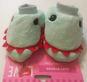 Valentine Infant Dino Baby Booties 0-6 M Teal Plush Embroidered Eyes Red Horns - Picture 1 of 12