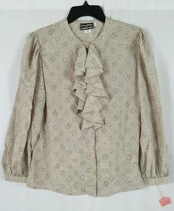 Blusa vintage años 70 para mujer Contessa Monique Florence Alper con volantes estampado beige M - Imagen 1 de 11