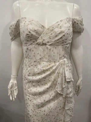 Vestido ML Monique Lhuillier Fuera del Hombro Metálico de Gasa Talla 12 Precio de venta sugerido por el fabricante $695 Nuevo con Etiquetas Foto 1 de 4