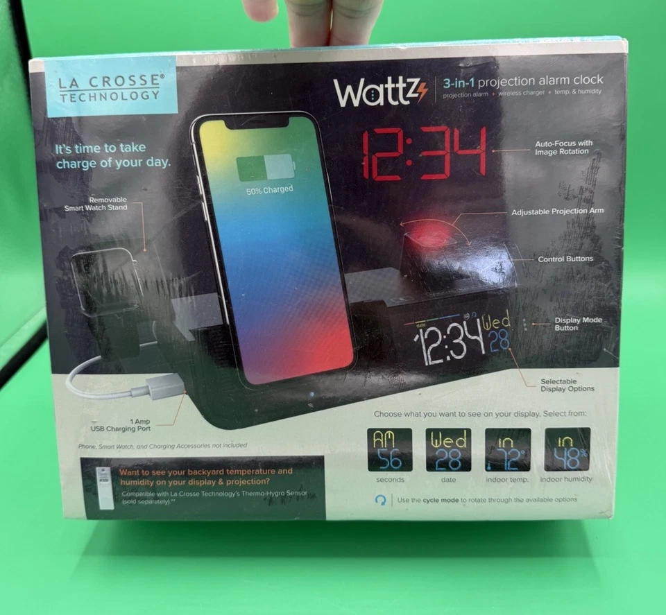 La Crosse Technology Wattz Reloj Despertador Proyección 3 en 1 Carga Inalámbrica NUEVO Foto 1 de 4