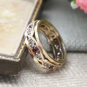 Vintage 9ct Gold Garnet and Clear Stone Eternity Band Ring 1963 - Pretty Wide - Picture 1 of 9