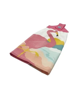 Flamingo Hanging Dishtowel Yellow  and Turquoise Accents on White Background - Picture 1 of 6
