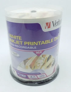 100-pk Verbatim White Inkjet Printable DVD+R - Non-Hub 16x 4.7GB 120 mins - Picture 1 of 4