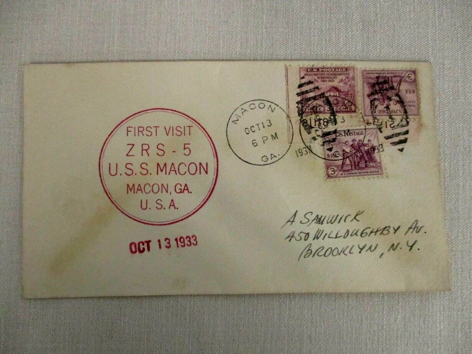 OCT 13 1933 FIRST VISIT ~ ZRS-5 USS MACON ZEPPELIN MACON GA w NRA STAMPS COVER - Image 1 of 3
