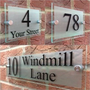 MODERN HOUSE SIGN PLAQUE DOOR NUMBER STREET GLASS EFFECT ACRYLIC HOUSE NAME - Picture 1 of 19