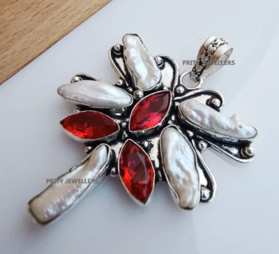 Mother of Pearl With Red Garnet 925 Sterling Silver Plated Large Pendent 2.4″ - Image 1 of 4