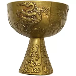 Small Chinese Qing Dynasty Gilded Bronze Drinking Vessel Dragon Wine Goblet - Picture 1 of 12